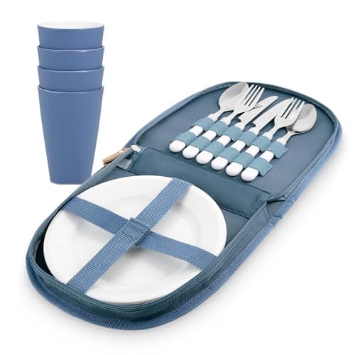 Blue Pool Camping Cutlery Set for 2, Picnic Set 12 Piece Lightweight Compact Case with Carry Handle, Includes 2 x Plates, 4 x Tumblers, 2 x Cutlery