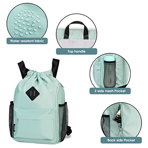 WANDF Drawstring Backpack Sports Gym Bag with Shoes Compartment, Water-Resistant String Backpack Cinch for Women Men (Mint Green,Medium) — view 4