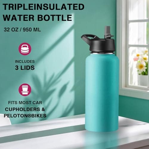 GARUET 950 ML Triple Walled, Insulated Water Bottles with Straw - Stainless Steel Metal Bottle W/ 3 Leak Proof Lids - For Travel, School, Sports, Gym/Men, Women & Kids (Cheery Turquoise) — view 2