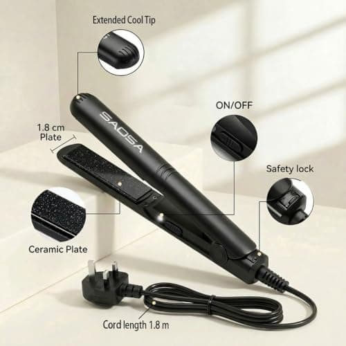 SAOSA Mini Hair Straighteners for Short Hair & Fringe, 1.8cm Ceramic Small Straightener, 2-in-1 Travel Hair Styler, Dual Voltage 100–240V, UK Plug, 210°C Fast Heat-Up, Pouch, Black — view 3
