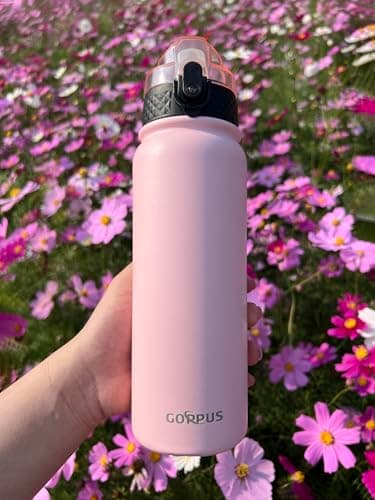 GOPPUS 600ml/20oz Stainless Water Bottle with Straw Double Wall Insulated Bottles with Strap One Hand Open Vacuum Thermal Flask with Flip Top Lid Leakproof Keep Cold Drinks BPA Free (Pink) — view 6