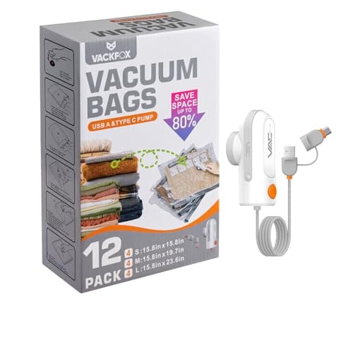 VACKFOX 12 Pack Vacuum Bags for Travel with USB & TYPE C Pump,Compression Packing Cubes for Luggage,Carry-on Space Saver Vacuum Seal Bags&Vacuum Storage Bags for Vacation(Grey)