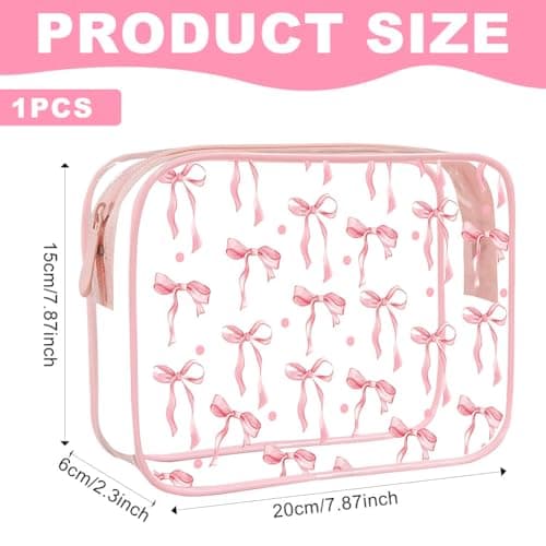 Clear Makeup Bag for Women Girls,Clear Travel Toiletries Bag Pink Bow Cosmetic Bag Travel Toiletry Bag,Waterproof Travel Makeup Bag Travel wash Bag for Travelling Cosmetics Birthday Gifts (Pink) — view 2
