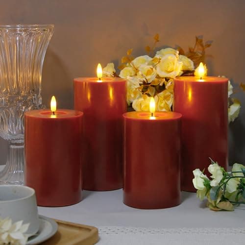 Zevanor Flameless Flickering 10cm x15cm Real Wax Burgundy Remote LED Candles with Candle Grease, Pack of 2 Timer Battery Operated Fake Warm Light Pillar for Home, Banquet, Ceremony Decoration — view 5