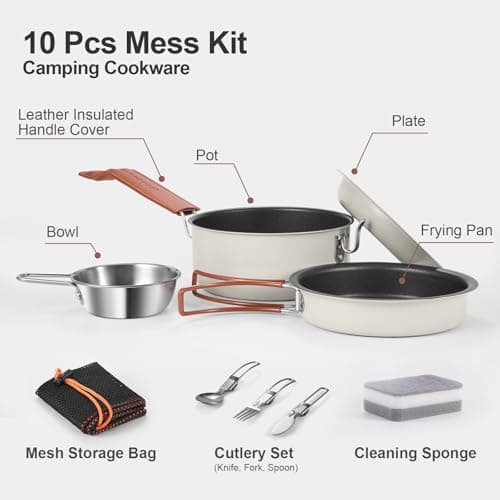 Odoland 10 pcs Camping Cookware Set, Non-Stick Lightweight Cooking Set with Plates Bowls Forks Knives and Spoons - Perfect for Backpacking, Camping, Hiking and Picnicking Milk White — view 2