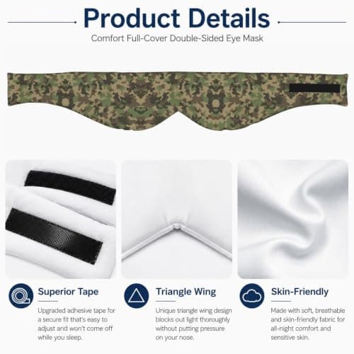 Green Camo Print Sleep Mask Wide Wraparound Reversible Light Blocking Travel Fit — view 4