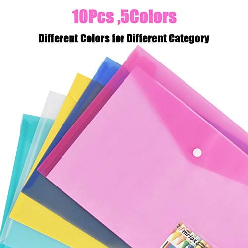 Wallets - 10 Pack A4 Folders Document Files Envelope - Plastic Popper With Label Pocket and Snap Button for School Office Homework Travel, Assorted Colours — view 3
