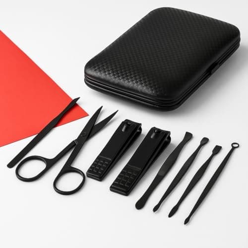 Stainless Steel Manicure and Grooming Kit with Case, Black Nail Clippers, Scissors, Tweezers, File and Cleaning Tools, Portable Travel Nail Care Set for Men and Women, Home and On-the-Go Use