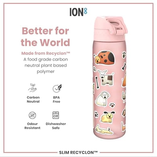Ion8 Water Bottle, 500ml/18oz, Slim Leak Proof & BPA-Free Drinking Bottle, Secure Lock Prevents Spills, Dishwasher Safe, Carry Handle, Ideal for Adults & Kids - Travel, Gym & School, Pink, Dogs — view 6