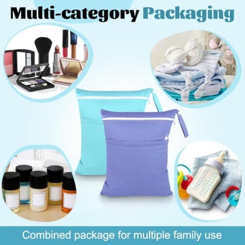 Yoolly 2 Packs Wet Bag, Waterproof Wet Dry Bags, Reusable Washable Cloth Diaper Bags, Nappy Bag with Double Zipper Pockets for Baby Items Swimming Camping Travel Beach Pool Bag (Blue+Purple) — view 6
