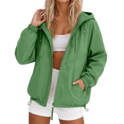 Packable Waterproof Jacket Ladies Raincoat Summer Long Sleeve Full Zip Raincoat with Hooded Breathable Windbreaker Softshell Jackets with Pockets for Hiking Walking Cycling Green