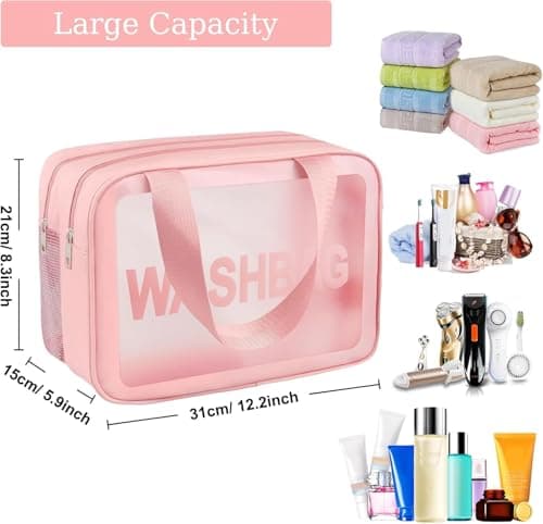 Clear Toiletry Bag, Wet Dry Separation PVC Makeup Cosmetic Bag, Large Capacity PVC Wash Bags with Handles for Women Girls Pink — view 3