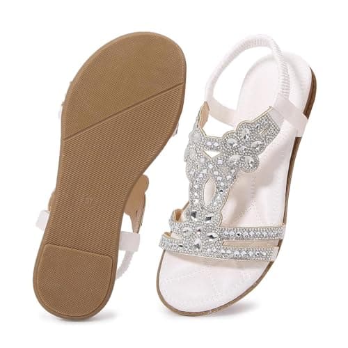 HOOUDO Ladies Walking Sandals Size 6 Wide Fit Bohemian Wedge Sandal Lightweight Summer Elastic Ankle Strap Beading Walking Shoes Comfortable Open Toe Slingback Orthopedic SandalsWomens Running Shoes — view 6