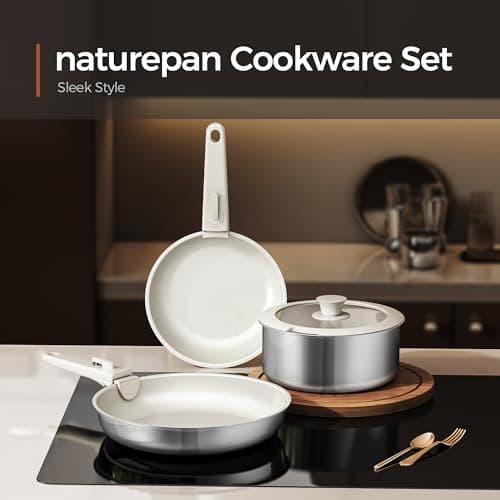 naturepan 16 PCS Ceramic Cookware Set, Stainless Steel Exterior Pots and Pans Set Non Stick, 10x More Durable Super Ceramic Coating, for Induction Hob Pan Set (Beige White) — view 6