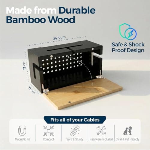 Cable Organiser Box Bamboo 24.5x13x11cm, Black, Wall Fixings Included — view 6