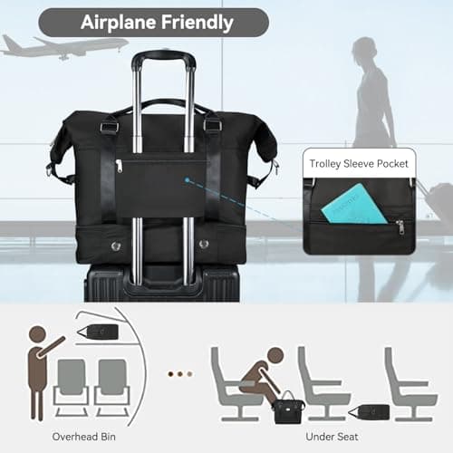 Voova Weekend Overnight Bag for Women, Large Travel Duffle with Shoes Compartment, Carry On Tote Bag with Toiletry 、Cosmetic Bag、Shoes 4 Pack Set for Ladies Gym, Hospital, Yoga, Black — view 5