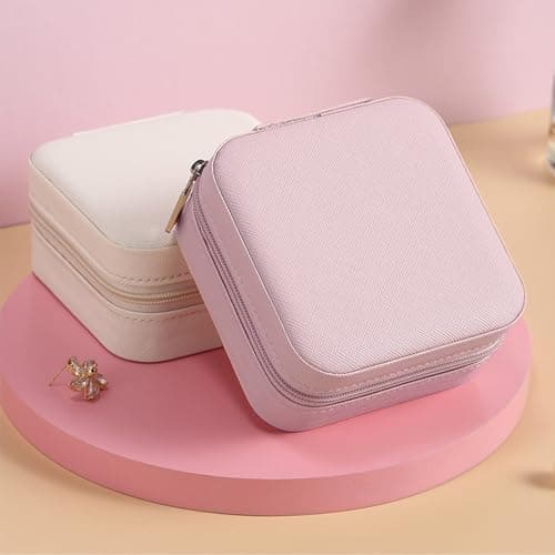 Hongbaite 2 Pack (White+Pink) Small Travel Jewellery Box Mini Jewelry Case Faux Leather for Women Girls