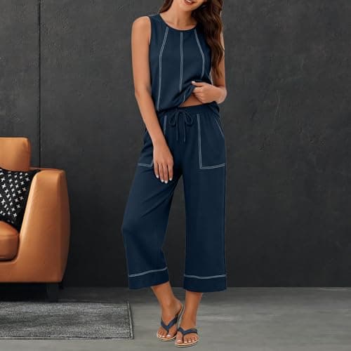 Slxbear Petite Co Ord Sets for Women Summer Casual 2 Piece Outfits Crew Neck Sleeveless Tank Top Drawstring Capri Pants Loose Fit Lounge Set Going Out Outfit Travel Vacation Streetwear L — view 3