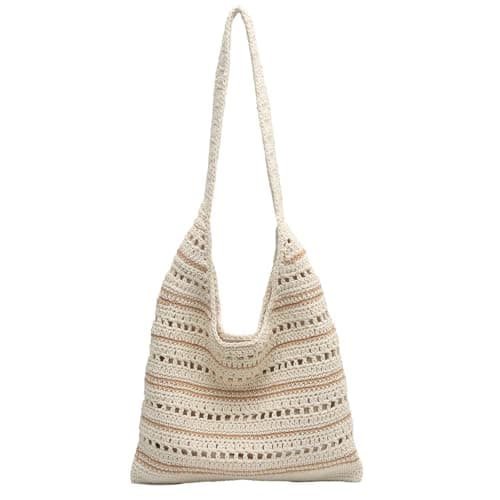 unisoul Striped Knitted Beach Bag for Women，Crochet Tote Bag with Zipper and Lining, Boho Summer Shoulder Bag for Holiday Travel, Lightweight Aesthetic Mesh Handbag, Foldable Shopping Bag, Khaki