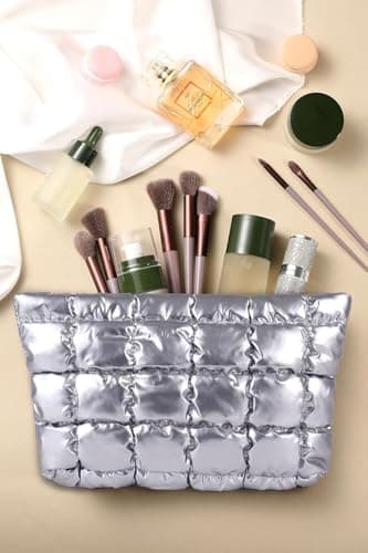 HFLZBRO Puffy Quilted Makeup Bag, Cosmetic Bag, Travel Toiletry Organizer Pouch, Clutch for Women (Silver) — view 3