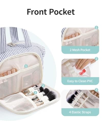 Narwey Large Toiletry Bag, Travel Toiletries Bags for Women, Wash Bag Women, Wide Open Makeup Bag with Brush Compartments, Make Up Organizer with Wet Pockets for Essentials (Grayish Blue Stripe) — view 3