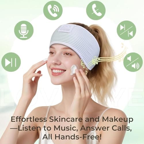 LOVE EYE Sleep Headphones Headband, Striped Soft Skin-Friendly, Sleep Mask with Thin HD HiFi Bluetooth Speakers, Wireless Music Headband Headphones for Men Women Teens Relax Travel Yoga (Green) — view 2
