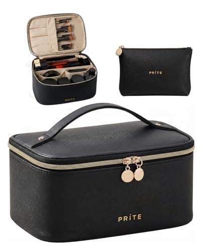 Prite Makeup Bag Toiletry Case for Women with Brush Holder, Black, 2Pcs Set