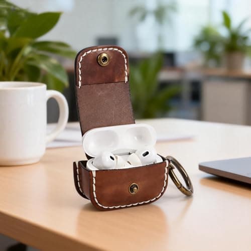 TOURBON Handmade Leather Earphone Case Holder Portable Earbuds Travel Case Carrying Pouch with Keychain — view 6