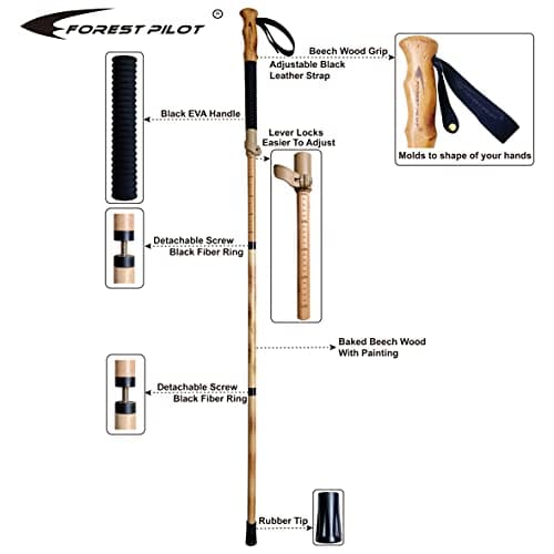FOREST PILOT Trekking Poles- 1-pc Pack - Adjustable Hiking or Walking Stick –Strong, Natural Beech wood - Quick Adjust Flip-Lock - Beech wood Grip, Leather Strap (Black) — view 2