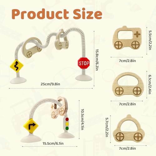 Infant Relief Sensory Toys for Babies 6 7 8 9 12 Months, Suction Cup High Chair Toys for Toddlers, Silicone Travel with Car Wooden Ring for Traffic Cognition Enlightenment Gifts — view 2