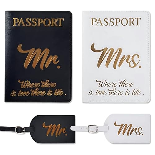 His and Hers Giftable Travel Pack | 2 x Passport Covers and 2 x Luggage Tags | Designed Especially for Couples Travel Lovers | Suitable Wedding Gift | Cute and Thoughtful | PU leather Black and White