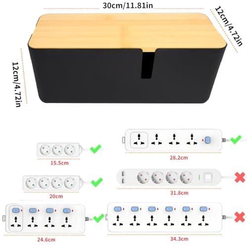 JJQHYC Cable Tidy Box Large Cable Box with Bamboo Lid Cable Management Box Black Cable Organiser for Hiding Cables and Plugs — view 6