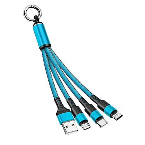Zigmoon hair AOYIY Multi Charger Cable 15CM, 3-in-1 Short USB Fast Charging Cable Keychain with iP/Micro/USB Type C Connector for Cell Phones, Tablets and More (Blue)