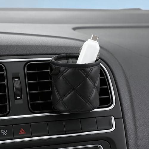 DEARMAMY Car Air Vent Storage Bag for Pens and Mini Wallets, Black Pu Faux Leather with Multiple Compartments, Space Saving and Securely Clips to Vent, for Car and Travel Organizing — view 5