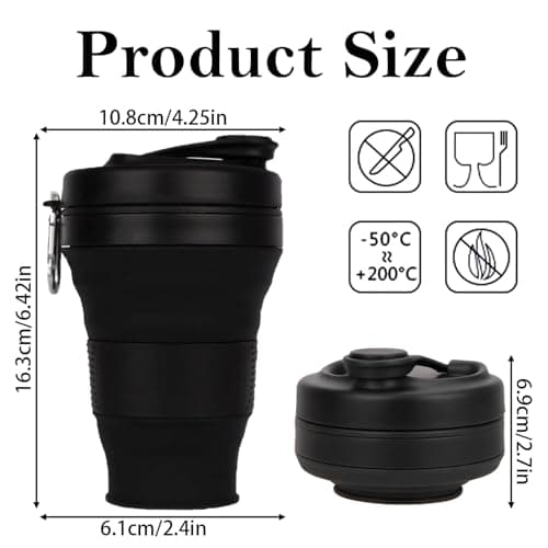 MOMAHUA 600ml/20oz Collapsible Coffee Cup with Lids,Black Silicone Portable Large Capacity Water Cups,Reusable Coffee Mug,Foldable Camping Travel Cup Fits in Your Pocket,Folding Mug Collapses to 6cm — view 2