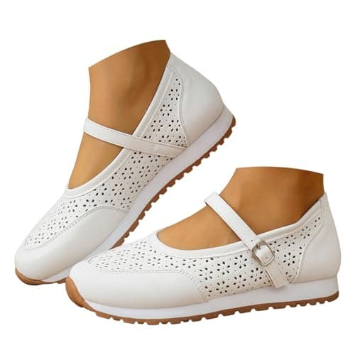 Women's Vintage Perforated Mary Jane Sneakers Chic Buckle Loafers Breathable Walking Shoes for Travel and Weekend Trips White