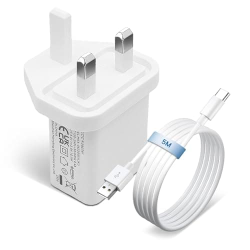 UKCA 5V 2A 10W USB Portable Wall Charger with 5M USB C Cable, AC DC Adapter Travel Plug, Power Supply for Security Cameras, Speakers, and More Type-C Enabled Devices-White