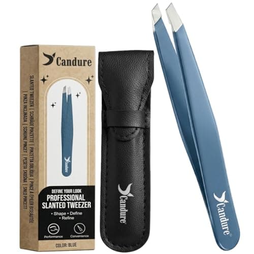 Candure Professional Slanted Tweezers for Men and Women – Precision Stainless Steel Tweezer for Brow, Chin, Facial Hair, Ingrown Hair & Plucking with Leather Pouch (Blue)