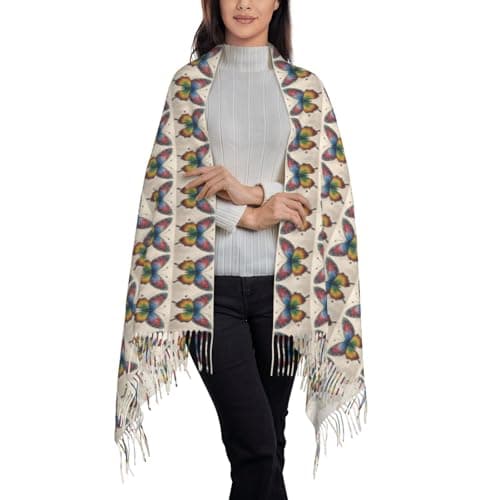 Rainbow Butterfly Print Elegant Fringe Scarf Shawl Wrap For Women Winter Fall Spring Travel Accessory Gift — view 2