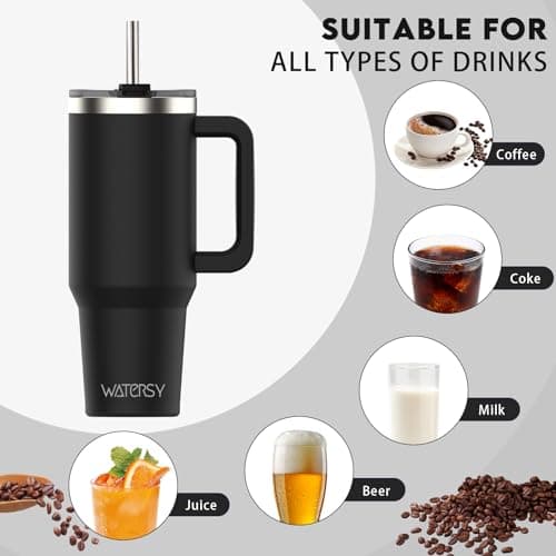 WATERSY Travel Mug Coffee Cup 40oz Tumbler Straw Lid and Handle, Stainless Steel Double Wall Vacuum Insulated Coffee Water Bottle for Cold Hot Coffee 1182ml Black — view 4