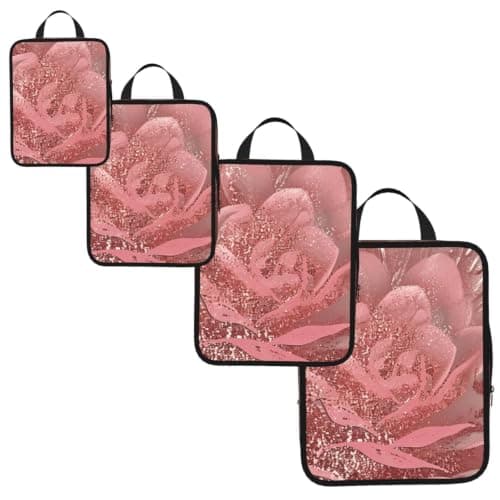 4 PCS Compression Packing Cubes, Gold Stripe Rose Printed Expandable Travel Organiser Packing Bags for Carry On Luggage Travel Accessories — view 2