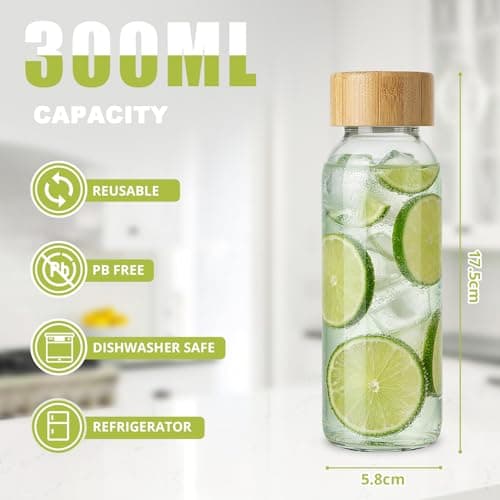 LIMILI Glass Bottles With Bamboo Lids, 2Pcs 300ML Water Bottles, Leak Proof Reusable Drinking Bottles for Hot Cold Drinks, Work, Gym, Home (300ml - 2pcs) — view 2
