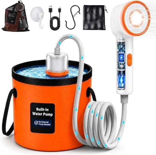 Portable Shower for Camping, 6000mAh Rechargeable Camping Shower with Foldable Bucket, Storage Bag, Filtered Shower Head, Outdoor Camp Shower Pump for Hiking, RV, Traveling, Car Washing, Pet Bath