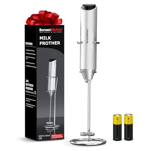 Bonsenkitchen Milk Frother Hanheld with Stand, Battery Operated, Silver