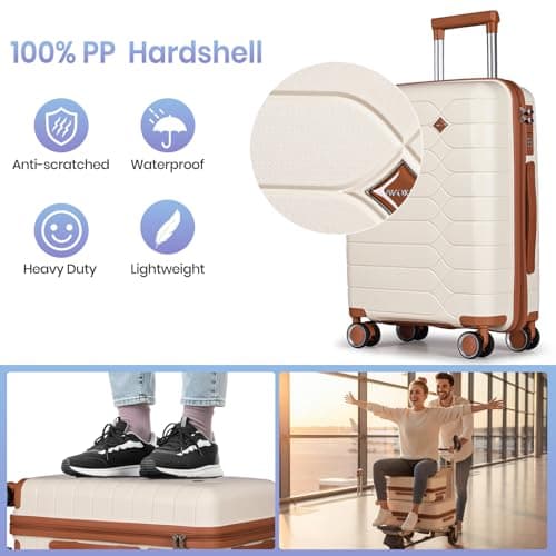 H.yeed Cabin Suitcase 55x40x20cm Cabin Luggage 20 inch Hard Shell Suitcase PP Lightweight Carry On Luggage with Spinner Wheels Approved for Ryanair EasyJet (Beige, 20 inch) — view 3