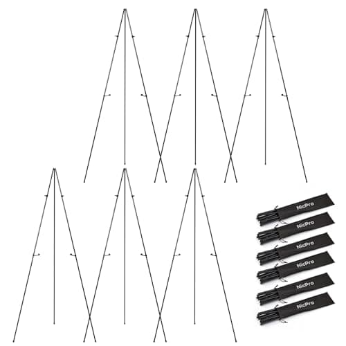 Nicpro Art Folding Easels for Display, 6 Pack 63 Inches Metal Floor Easel Stand Bulk Tripod Black Collapsible for Sign Artist Poster Wedding | with Carry Bag