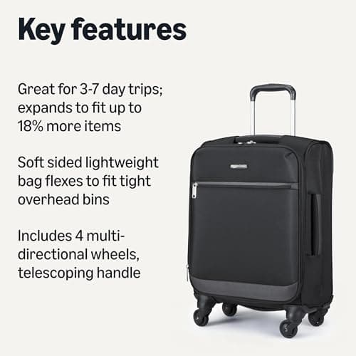 Amazon Basics Luggage, 21" Medium Carry-On Softside Suitcase with Wheels, with Four 360-Degree Multi-Directional Spinner Wheels, Expandable Space, Zippered Pocket and Straps, Telescopic Handle, Black — view 2