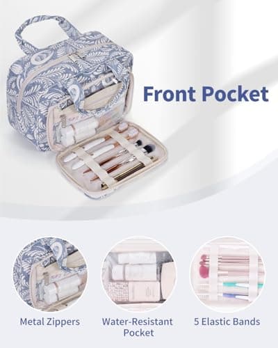 Narwey Full Size Toiletry Bag Large Wash Bag Makeup Bag Travel Organizer Cosmetic Bag for Women (Blue Leaf) — view 4