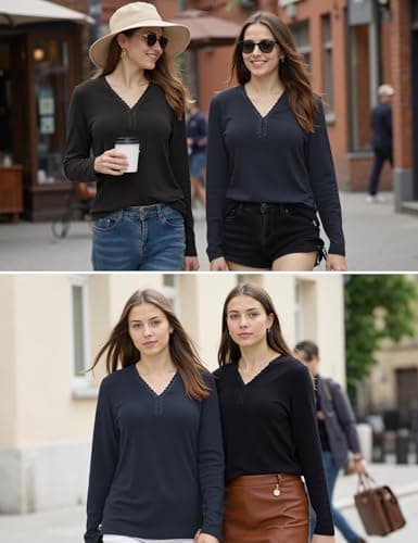 Crewhpo Womens Thermal Tops Cotton Long Sleeve Lace V Neck Base Layer Shirt — view 5