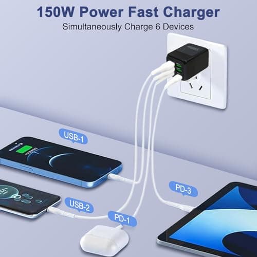 OrcoW 150W USB C Plug Fast Charge, 6-Port Charger (2PD Type C port+4QC USB A port) +QC Wall Plug Multiport Mains Type C Charging Plug for iPhone 16/15/14/13/12/11 Series/XS/XR/SE,iPad,AirPods,Black — view 3